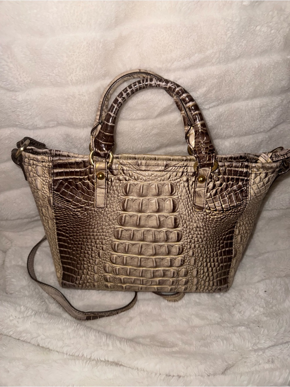 Brahmin Metallic Croc-Embossed Satchel in Bronze and Cream - Picture 2 of 5